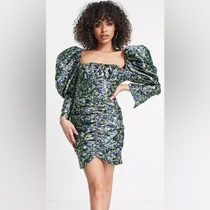 NWT ASOS LUXE puff sleeve corset dress in ditsy floral jacquard size 0